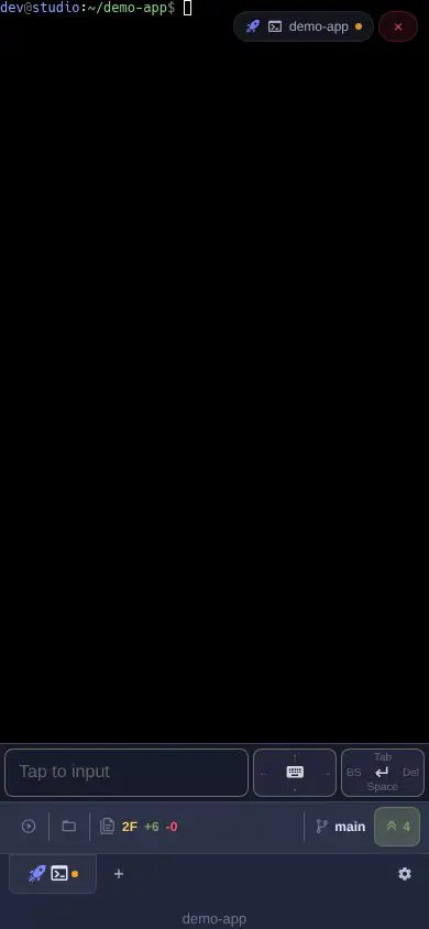 Animated demo of any-console on a phone: running npm test, swiping the circle key pad through arrow, Enter and Tab keys, then opening the flick keyboard