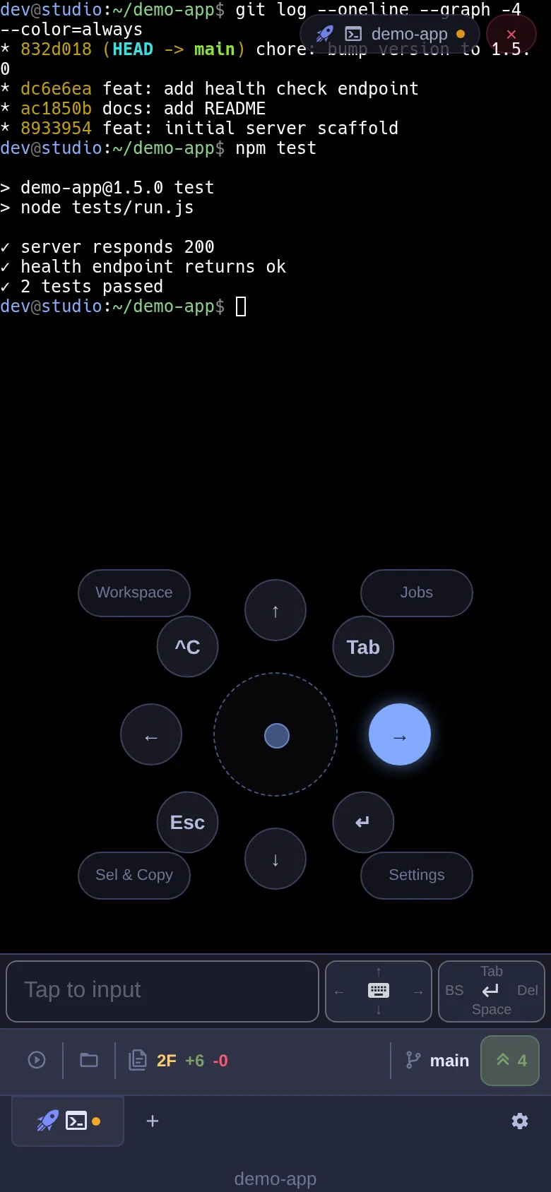any-console circle key pad on a phone: a radial swipe menu over the terminal with arrow keys, Ctrl+C, Tab, Esc, Enter and shortcuts to Jobs and Workspace