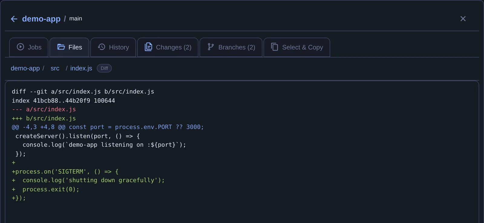 any-console Git UI showing a color-coded diff of src/index.js with tabs for files, history, changes, and branches