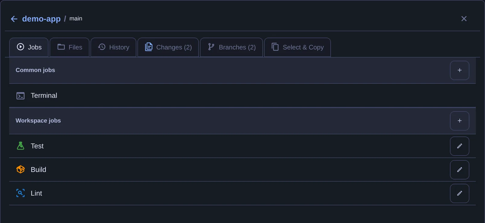 any-console job runner listing one-tap Test, Build, and Lint shell jobs defined for a workspace