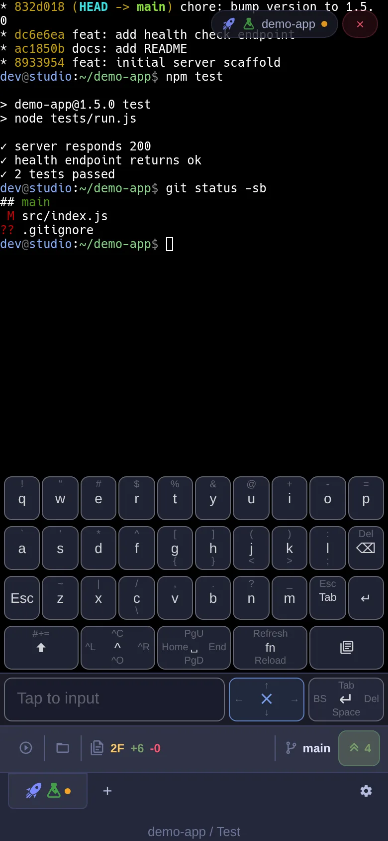 any-console on a phone showing the custom virtual keyboard with flick input, Esc, Tab, Ctrl and arrow keys over a live terminal session