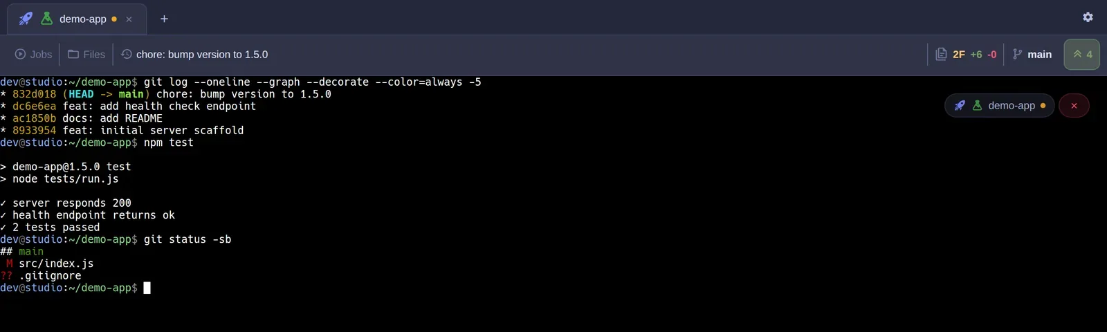 any-console web terminal in a browser running git log and npm test inside a persistent tmux session, with workspace tabs and a Git status bar